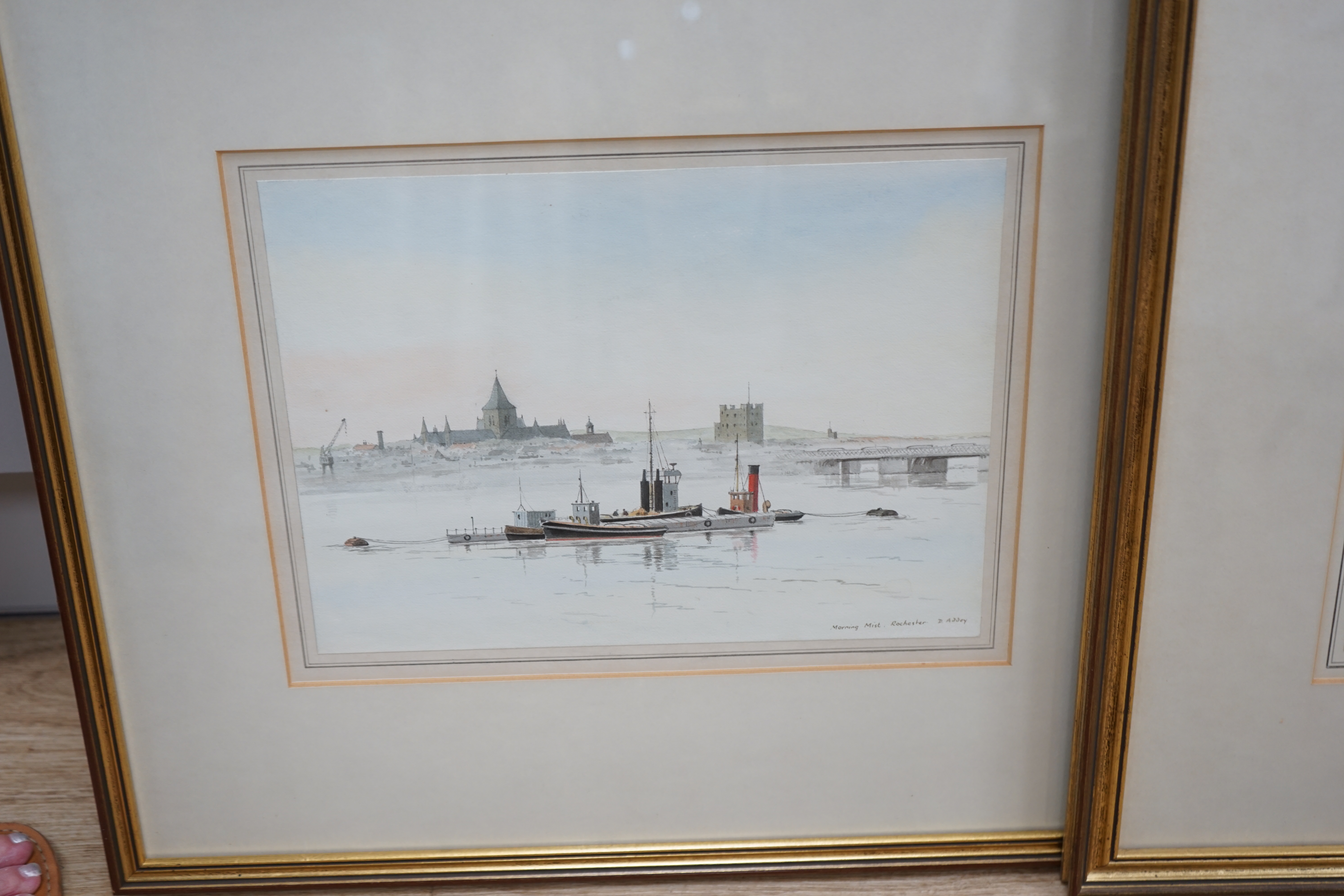 David Addey (b.1933), set of three watercolours, comprising 'Morning Mist, Rochester', 'Evening Calm' and 'On the Hard Pin Mill', each signed, labels verso, largest 27 x 45cm. Condition - fair